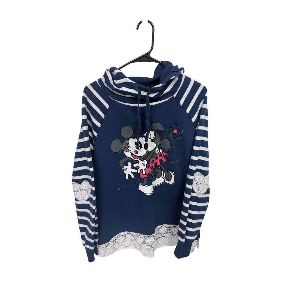 Disney Parks Mickey Minnie Lace Heart Stripe Hoodie Navy Blue XL JT20222